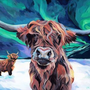 Highland Cow under the Northern Lights