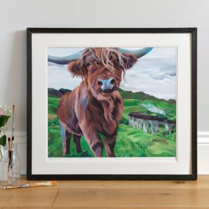 Steam Train and Highland Cow art Print