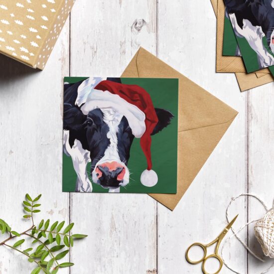 Cow in Santa Hat Christmas Card